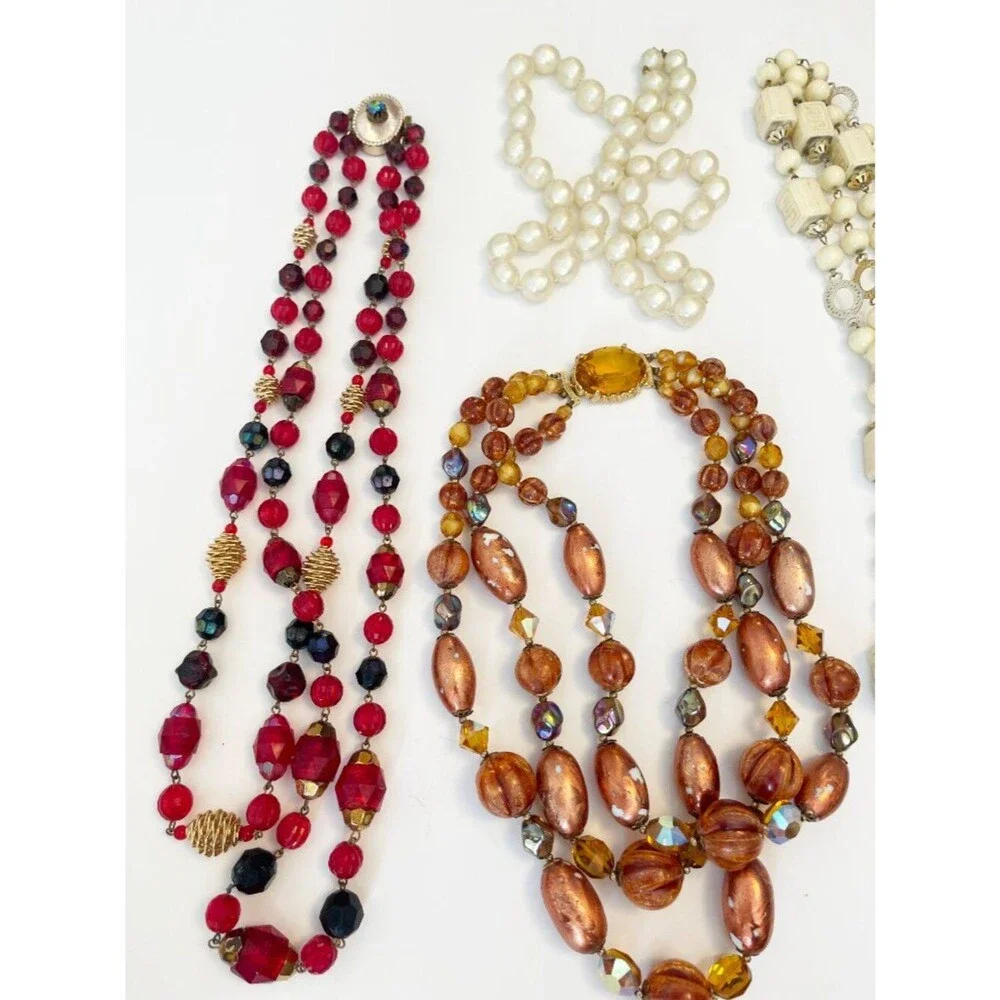 Vintage Necklace Lot Beaded Faux Pearl Amber Red Statement Retro Jewelry 4